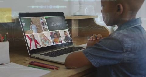 Elementary student watching virtual classroom on laptop with teacher asking any questions