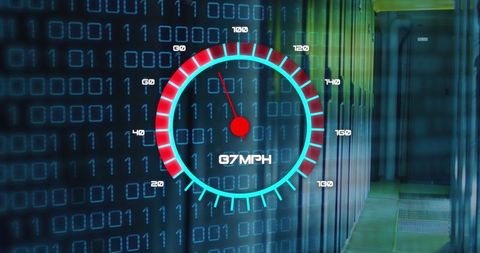 Digital speedometer over server room symbolizing cloud computing speed