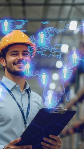 Warehouse Manager Scanning Holographic Global Network While Inspecting Inventory Clipboard