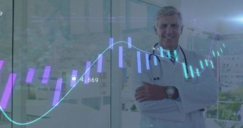 Confident doctor standing in modern clinic with digital data overlays, healthcare graphs