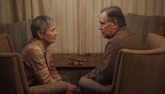 Senior couple leaning toward each other across small table sharing quiet intimate conversation