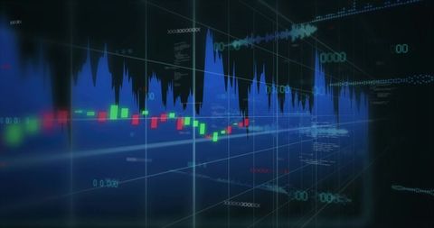 Futuristic 3D Market Chart with Candlesticks, Blue Area Plot and Holographic Grid