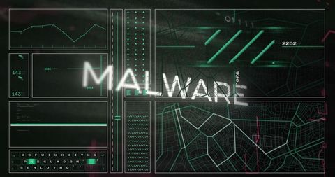 Glitchy MALWARE Text on Cybersecurity Monitoring Dashboard