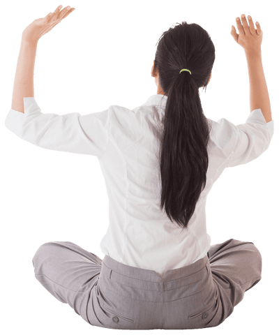 Transparent Asian Businesswoman Meditating with Raised Hands