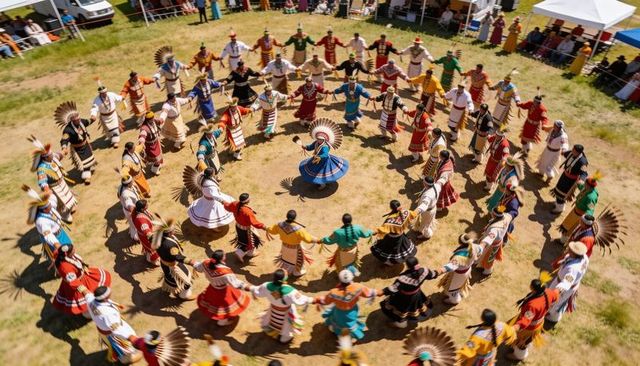 Indigenous dancers forming concentric circle around central dancer in blue regalia