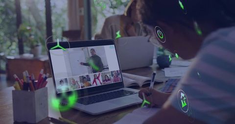 Child Wearing Glasses Attending Remote Class and Taking Notes with Laptop and AR Icons