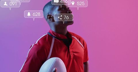 Athlete holding ball in red jersey with floating social media notification bubbles