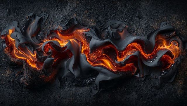 Dynamic lava flow amidst charcoal vulcanian texture