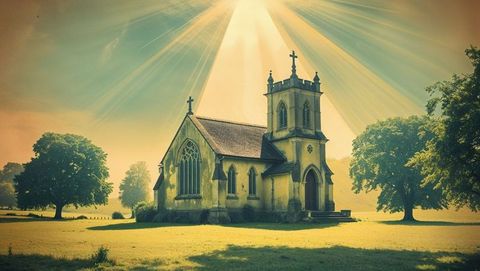 Gothic Church in Sunlit Meadow with Majestic Sunbeams