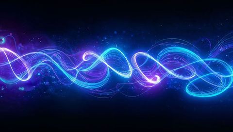 Neon energy wave looping blue and magenta light trails across cosmic dark space canvas