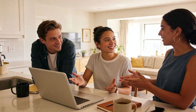 Three friends collaborating around laptop at bright kitchen island discussing ideas