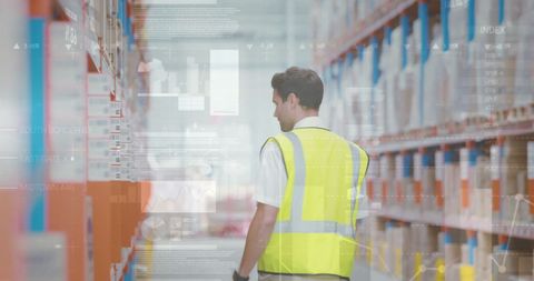 Warehouse worker analyzing digital data in logistics hub