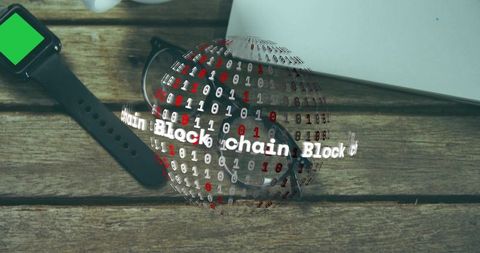 Hovering binary globe displaying blockchain above glasses smartwatch laptop on wooden desk