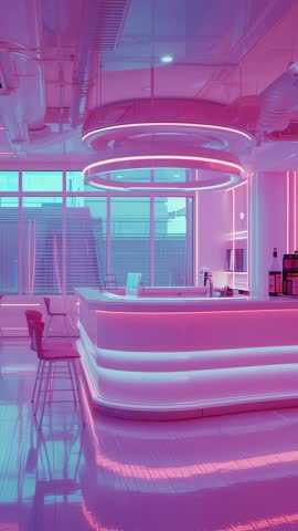 Vertical video panning across neon LED-lit modern bar counter in urban lounge