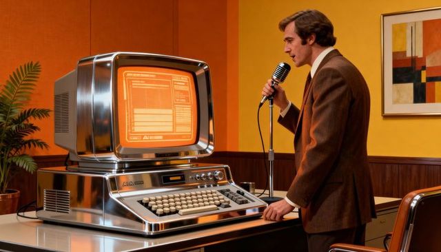 Midcentury presenter speaking into microphone beside chrome terminal with glowing orange screen