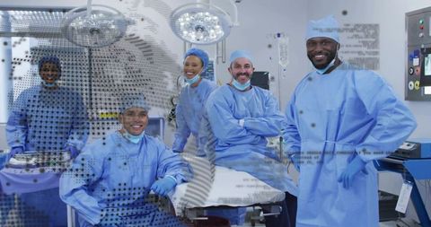 Diverse Surgical Team Preparing Operating Room for Complex Procedure and Patient Safety