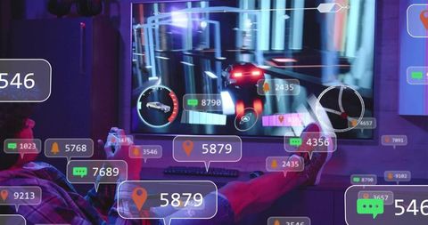 Reclining gamer using controller in neon lounge with futuristic racing hud overlays