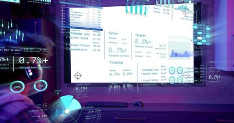 Curved monitor showing trading dashboards with translucent HUD overlays, candlestick charts, pie charts, numerical widgets, keyboard and mouse on dim desk bathed in purple-blue lighting. Composition focusing on UX and data visualization, mixing real-world props with futuristic interface elements and ambient mood. Serving as fintech website hero, trading platform landing page, investor presentation header, social media campaign visual, editorial about market trends, UX case study asset or technology background. Working well for banner graphics, post layouts, pitch decks, blog headers and promotional materials. Providing high-tech analytical mood, enhancing brand storytelling and visual identity for finance and tech industries.