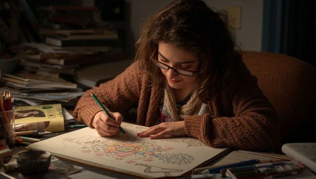 Young woman drawing colorful mandala at cozy night desk wearing brown cardigan and glasses