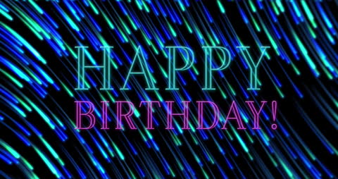 Neon Happy Birthday Banner with Colorful Light Trails