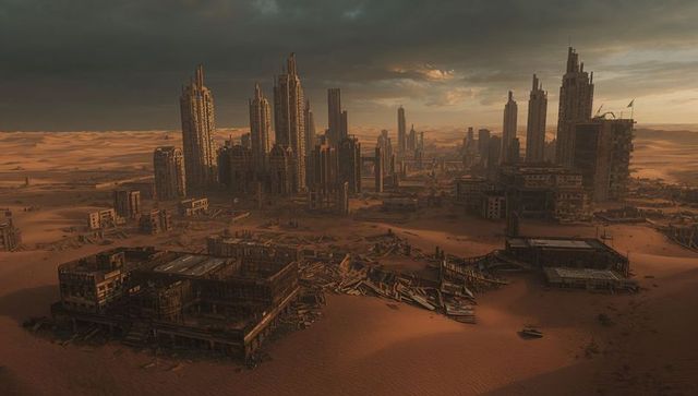 Dystopian urban ruins in a desert landscape