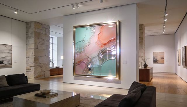 Gallery displaying oversized abstract pastel painting with metallic gold frame and minimalist lounge