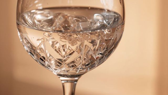 Crystal cut-glass goblet holding water and ice, warm reflections and faceted refraction