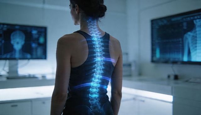 Futuristic spinal hologram revealing vertebrae and neural detail for clinical diagnostics