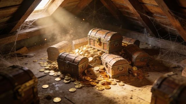 Sunlit attic revealing antique wooden treasure chests spilling gold coins amid cobwebs