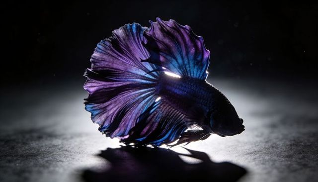 Iridescent halfmoon betta gliding with flowing violet-blue fins and dramatic backlight halo