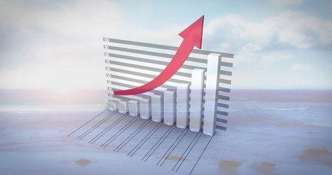 Translucent 3d bar chart rising over coastal horizon with upward red arrow and grid