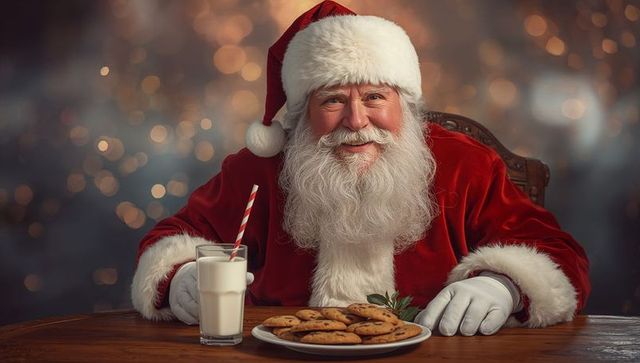 Santa Claus Enjoying Christmas Cookies with Milk and Santa Hat