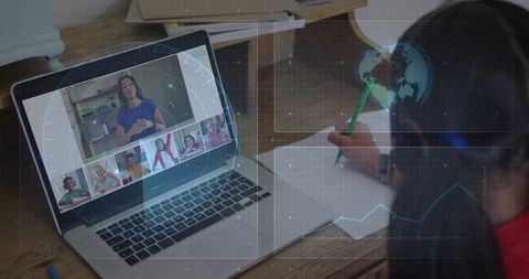 Girl Writing While Attending Virtual Class on Laptop with Augmented Globe Overlay