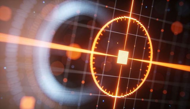Neon orange hud reticle with crosshair and scanning grid for futuristic interface