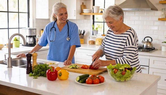 Home nurse assisting senior woman preparing healthy meal in sunlit modern kitchen