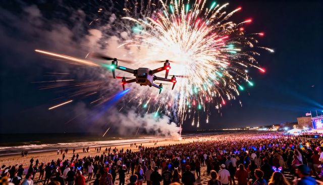 Hovering drone filming vibrant fireworks over crowded beach during nighttime celebration