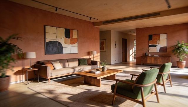 Sunlit midcentury living room featuring green lounge chairs, sofa, walnut coffee table