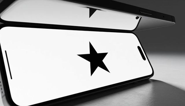 Dual smartphones reflecting black star on bright white screens, minimal monochrome tech