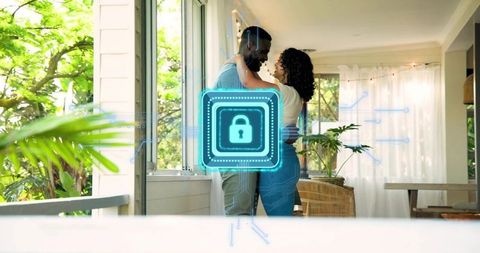 Couple embracing at home with holographic padlock overlay symbolizing digital privacy