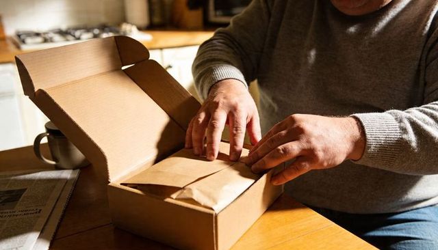 Senior Man Opening Gift Box and Unwrapping Parcel at Kitchen Table in Morning Sunlight