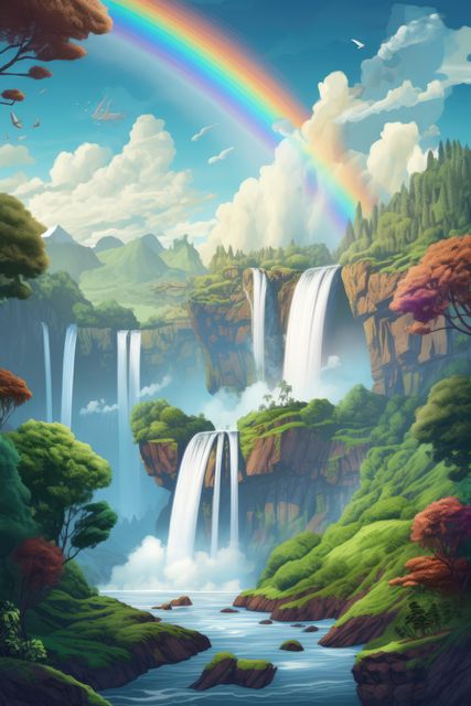 Fantasy landscape with rainbow, waterfalls and mountains created using generative ai technology. Fantasy, imagination and colour concept digitally generated image.