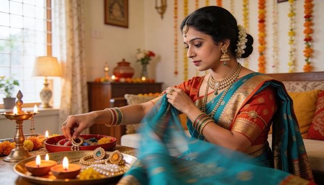 Indian woman in teal and red silk saree arranging diyas for diwali puja at home