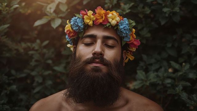 Meditating bearded man wearing colorful floral crown during golden hour in leafy garden