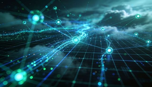 Glowing neural network streaming data across virtual grid with luminous hubs and trails