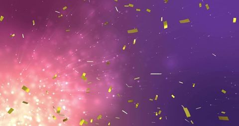 Gold confetti burst over pink to purple gradient with sparkling bokeh and light rays