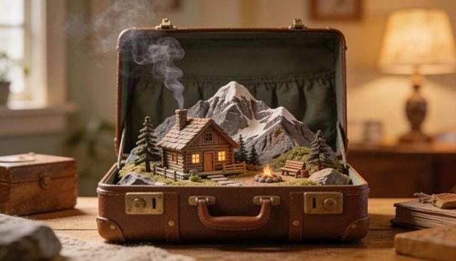 Miniature mountain retreat in vintage suitcase: lit cabin, campfire, cozy diorama tabletop