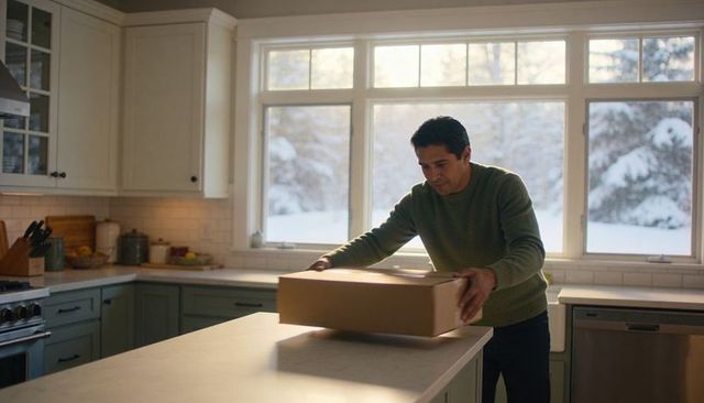 Man placing package on kitchen island with snowy window farmhouse winter morning calm