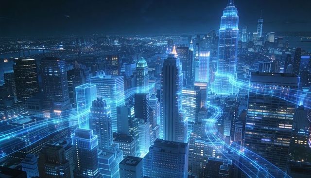 Neon blue smart city skyline with holographic light streams tracing urban grid at night