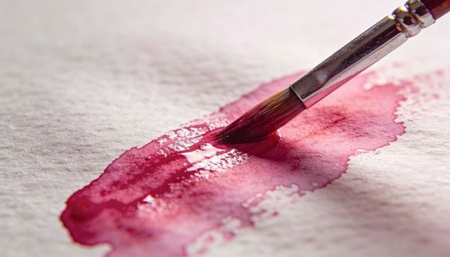 Macro watercolor brush spreading wet magenta wash on textured cold-press paper