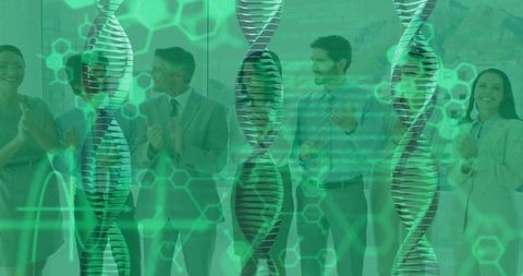 Business team applauding during genomics presentation with dna double-helix overlay